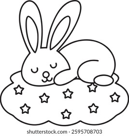 Cute Sleeping Bunny on a Cloud - Bold And Easy Outline Coloring Page for Kids | Adorable Rabbit Illustration with Stars for Fun Coloring Activities