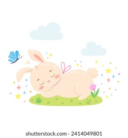 Cute sleeping bunny on spring meadow with flower and butterfly. Funny hand-drawn rabbit character for greeting cards, stickers, posters, invitations and nursery room decor. Happy Easter concept