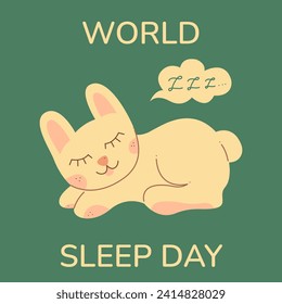 Cute sleeping bunny on World Sleep Day. Flat color vector illustration. Could be a template for an Instagram post.