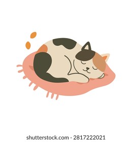 Cute sleeping calico cat curled up on a soft pink cushion. Cozy autumn pet illustration for design, stickers and decor. Flat vector illustration isolated on white background.