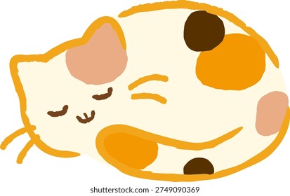 Cute sleeping calico cat illustration. Adorable kitten taking a nap in hand-drawn pop style.