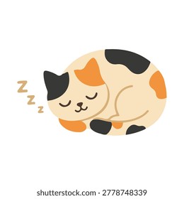 Cute sleeping calico cat vector illustration, adorable kitty character napping in flat style