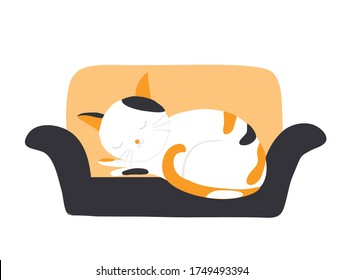 Cute sleeping cartoon cat on sofa, Isolated on white background. Lovely cat animal concept