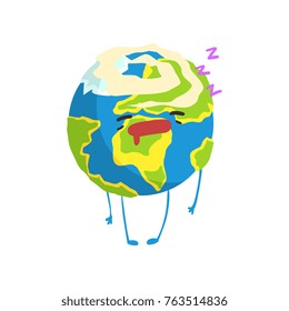 Cute sleeping cartoon Earth planet character, funny globe emoji vector Illustration