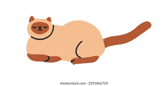 Cute sleeping cat. Adorable feline animal lying asleep, relaxing. Funny kitty, calm peaceful expression, long tail. Sweet comic sleepy siamese. Flat vector illustration isolated on white background