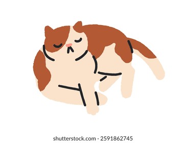 Cute sleeping cat. Adorable feline animal lying down asleep. Relaxing sleepy kitty, calm peaceful pet napping, dreaming with funny expression. Flat vector illustration isolated on white background