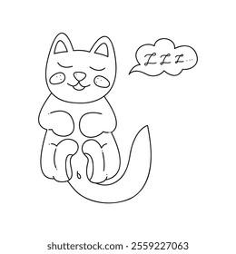 Cute sleeping cat in black outline. Flat illustration.