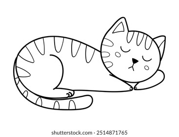 Gato durmiente lindo en blanco y negro. Divertido personaje felino elemento aislado en el contorno. Ideal para colorear páginas, impresiones y tarjetas. Ilustración vectorial