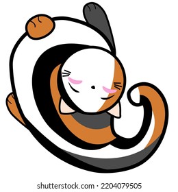 Cute sleeping cat with cheeks, hand drawn paisley shape, doodle cartoon collection 