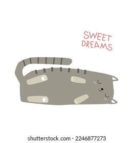 Cute sleeping cat. Childish graphic. Vector hand drawn illustration.