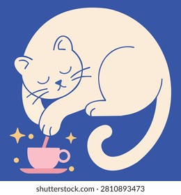 Cute sleeping cat curled beside coffee cup illustrating cozy home comfort peaceful relaxation pet companionship warm lifestyle moments and charming animal themed decorative artwork designs.