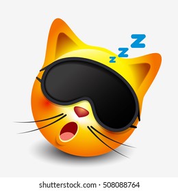 Cute Sleeping Cat Emoticon Wearing Sleep Mask, Emoji, Smiley - Vector Illustration