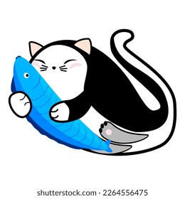 Cute sleeping cat with a fish, hand drawn paisley shape, doodle cartoon collection 