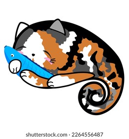Cute gato dormido con un pez, forma paisley dibujada a mano, colección de dibujos animados de doodle 