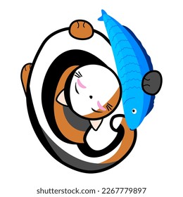 Cute sleeping cat with a fish, hand drawn paisley shape, doodle cartoon collection 