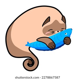 Cute sleeping cat with a fish, hand drawn paisley shape, doodle cartoon collection 