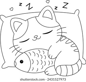 Cute sleeping cat illustration coloring page.