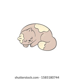 Cute sleeping cat or kitten character in doodle style cartoon vector illustration isolated on white background. Hand drawn animal for t-shirt print and children graphic.