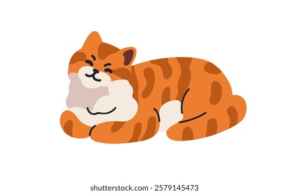 Cute sleeping cat lying in relaxed pose. Adorable sweet feline pet enjoying peaceful nap, cozy relaxation, peace, dream, rest. Kitty asleep. Flat vector illustration isolated on white background