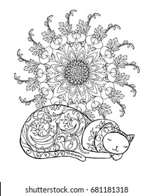 Cute sleeping cat with mandala, zentangle page for adult colouring book, vector design