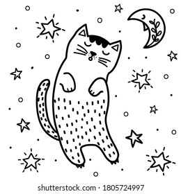 Cute sleeping cat and moon coloring page. Fantasy coloring book. Black and white background. Sweet dreams vector illustration 