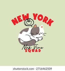 Pelotão do Tempo do Cochilo Gato Adormecido Bonito em Cartoon de Nova York