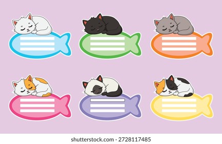 Gato durmiente lindo en forma de pez Etiqueta de nombre Manojo de 6 Vectores Clipart