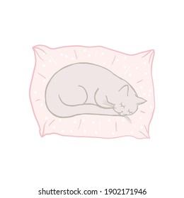 Reine schlafende Katze auf dem Kissen. Kinderdoodle. Cartoon Charakter blauen Katze, kindische Illustration. handgezeichnete Vektorgrafik, Kindergewebe, Textilien, Kinderverpackung, Babymuster