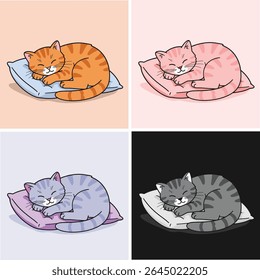 Cute Sleeping Cat on Pillow – Adorable Cartoon Kitty Resting Vector Illustration