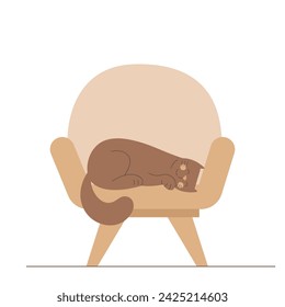 Cute sleeping cat on a soft chair isolated on a white background. Nice cartoon pet sleeps sweetly. Funny domestic animal.