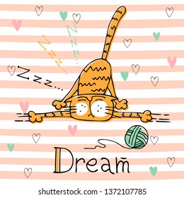 Cute sleeping cat on striped background.  Vector.