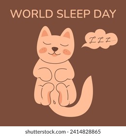 Cute sleeping cat on World Sleep Day. Flat color vector illustration. Could be a template for an Instagram post.