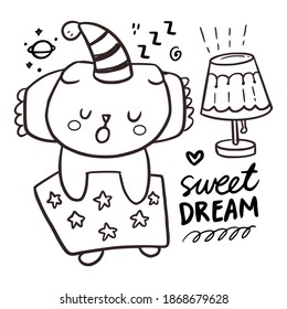 Dibujo de color de página de gatos dormidos para niños. Ilustración vectorial de sueñas dulces