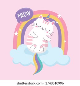 cute sleeping cat rainbow cartoon animal funny character vector illustration