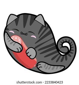 Cute sleeping cat with sausage, hand drawn paisley shape, doodle cartoon collection 
