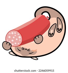 Cute sleeping cat with sausage, hand drawn paisley shape, doodle cartoon collection 
