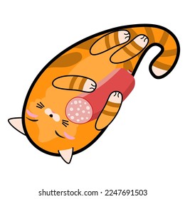 Cute gato dormido con salchicha, forma de paisley dibujada a mano, colección de dibujos animados de doodle 