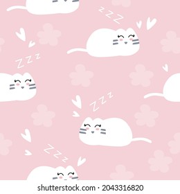 Cute sleeping cat Seamless pattern with heart and flower on pink background  , cute colorful Kittens. Creative childish texture. Great for fabric, textile Vector Illustration