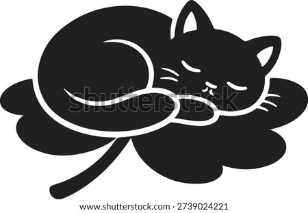 Cute sleeping cat silhouette on shamrock clover shape isolated on white background. St Patrick’s Day themed vector illustration featuring lucky symbol, Irish holiday concept, minimal flat design, decorative animal icon.