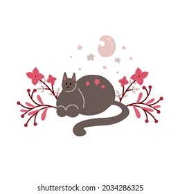 Cute sleeping cat with stars, moon and flower on the branches. Delicate flat illustration of dreaming pet with floral pattern on a white background. Vector tender postcard with kitten, moon and star