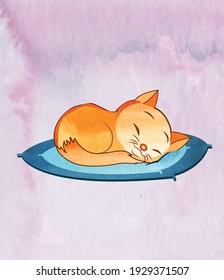 Cute sleeping cat water color illustration