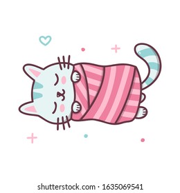 Cute sleeping cat wrapped in a blanket. Kawaii cartoon character isolated on a white background. Vector illustration.