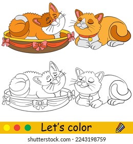Cute sleeping cats. Coloring book page with color template for children. Vector cartoon illustration isolated on white background. For coloring book, education, print, game.