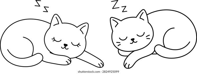 Cute sleeping cats coloring page set with outline line art of two adorable kittens curled up taking a nap