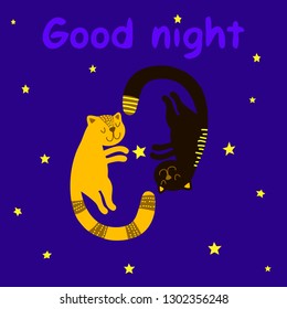 
Cute sleeping cats on the starry sky with the inscription good night