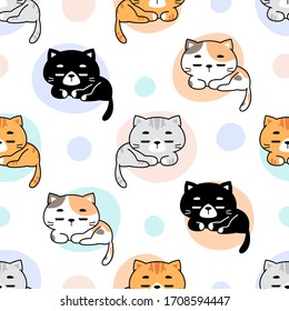 Cute sleeping cats seamless pattern design on polkadots background  ready to print