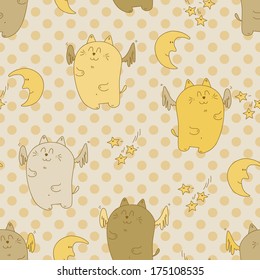 Cute sleeping cats with wings and moons on dots pastel background
