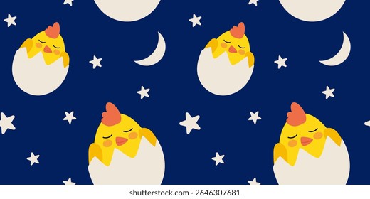 Pintos adormecidos bonitos no padrão noturno de ovos. Padrão noturno contínuo com filhotes adoráveis dormindo em cascas de ovos, cercados por estrelas e lua. Ideal para projetos de creche ou crianças.
