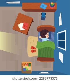 Cute sleeping child boy top view flat style, vector illustration. Bedroom interior, sweet little kid, smiling boy having night dream. Baby character resting on pillow under blanket