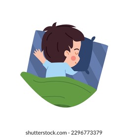 Cute sleeping child boy top view flat style, vector illustration isolated on white background. Decorative design element, sweet smiling kid under green blanket